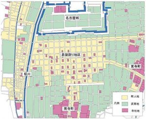 名古屋城下町碁盤割り 画像元：名古屋を大都市にしたわけ －都市計画から考える